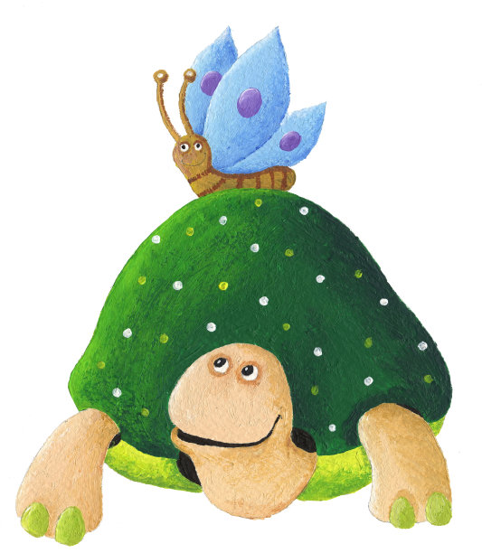 绿色海龟和蓝色蝴蝶的丙烯酸插图图片下载