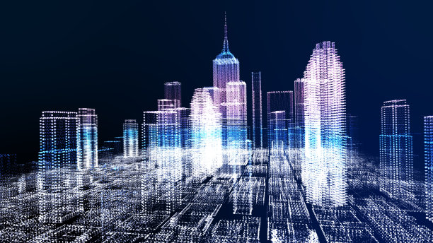 未来大城市能源动力概念，霓虹网络灯光摩天楼商务区建筑模拟技术数字飞跃视野，蓝色主题图片下载