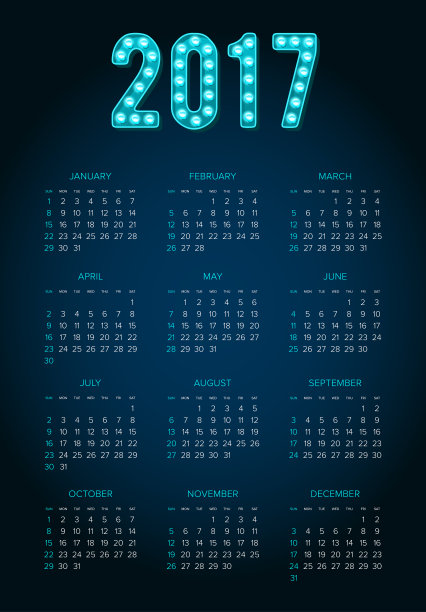 2017年日历。摘要一周从周日开始。矢量插图。打印好了图片下载