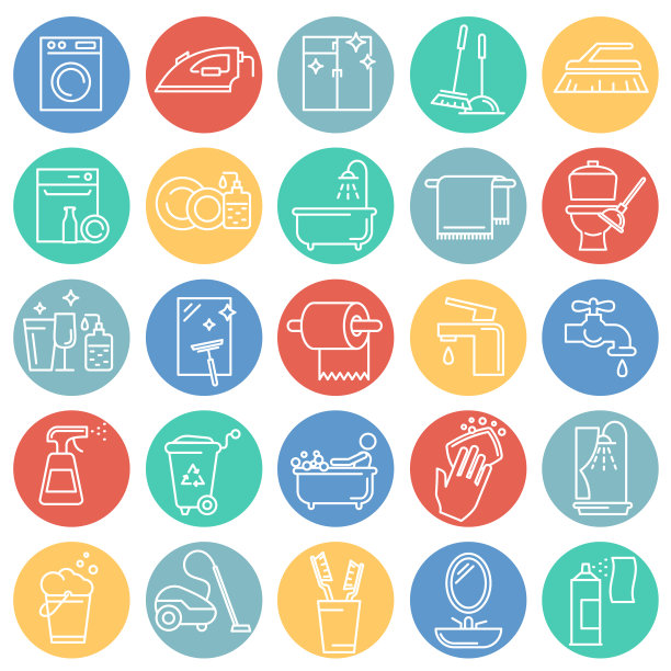 清洁图标设置在彩色圆白色背景图形和网页设计，现代简单的矢量标志。网络的概念。时髦的符号为网站设计网页按钮或移动应用程序。图片下载