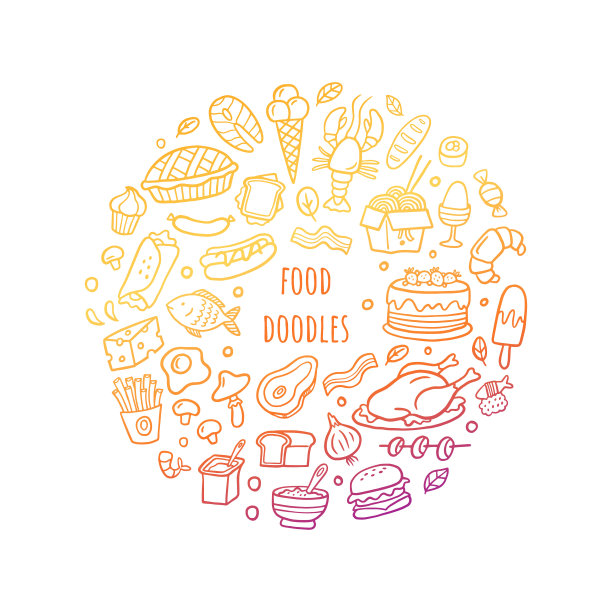 卡通不同种类的新鲜食物与文字。图片下载