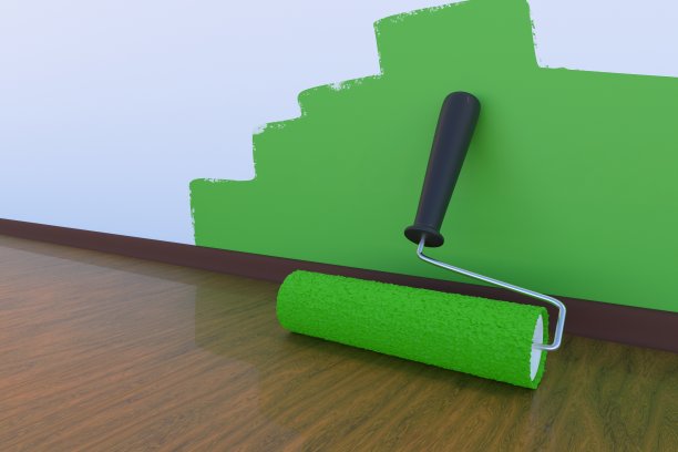 房间里画的概念。漆辊为绿色。3 d渲染插图。图片下载