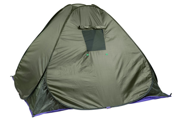 绿色帐篷在展开状态下，站在背面，一个带有遮罩网格的窗口，在白色背景上，隔离图片下载