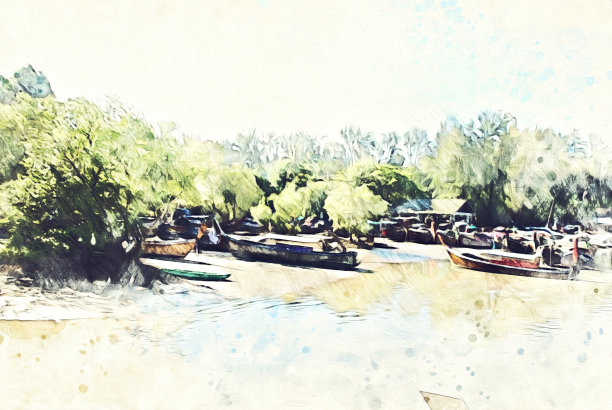 海上渔船抽象水彩插图背景画。图片下载