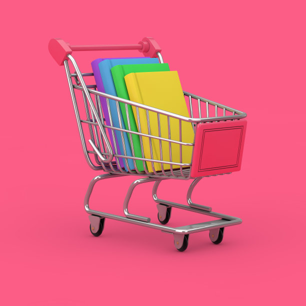 购买书籍的概念。购物车与书籍堆叠。3d渲染图片下载