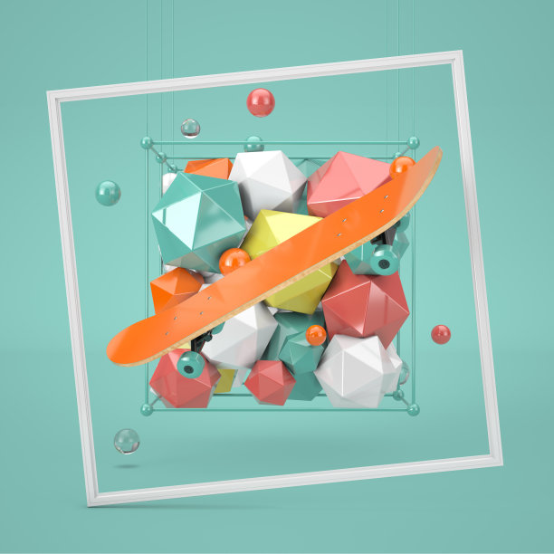 装饰抽象几何形状与木制现代滑板甲板运动概念场景。3d渲染图片下载