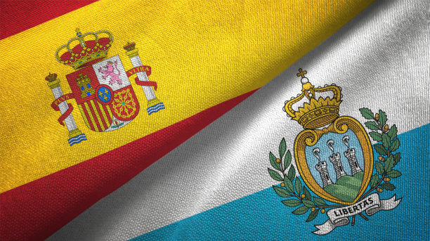 圣马力诺和西班牙的两面旗布交织在一起，织物质地图片下载