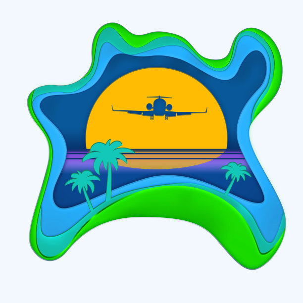 一架飞行的飞机，棕榈树，蓝天和日落图片下载