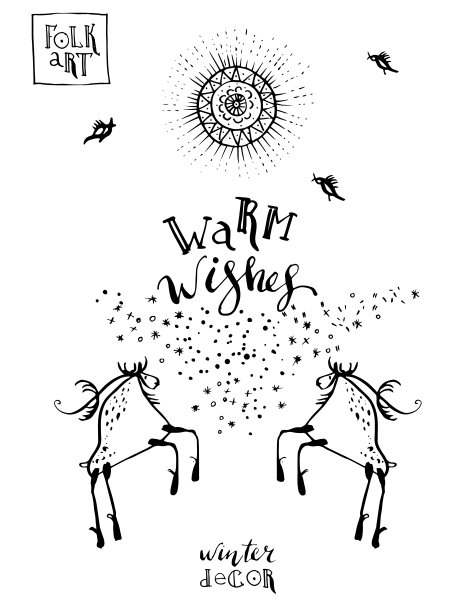 手绘水墨寒假背景。装饰阳光，跳跃的鹿，雪花，温馨的祝愿字。图片下载