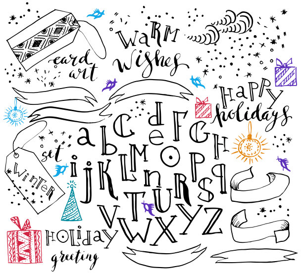 手绘字母和装饰元素集。图片下载