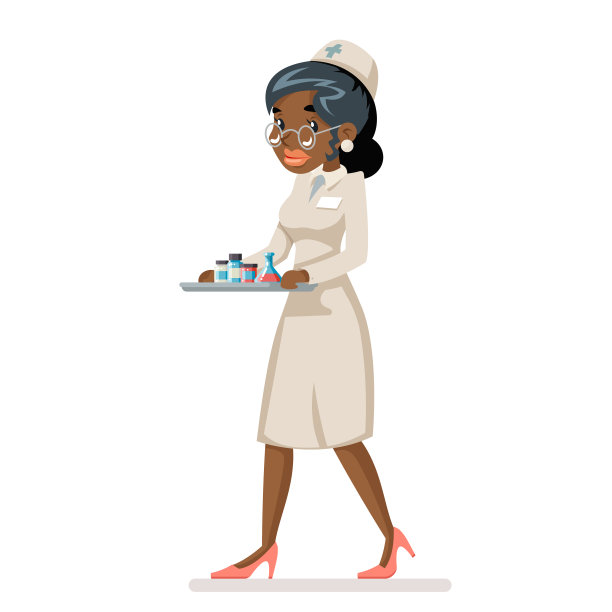 护士医生端着药盘，非洲妇女卡通人物设计矢量插图图片下载