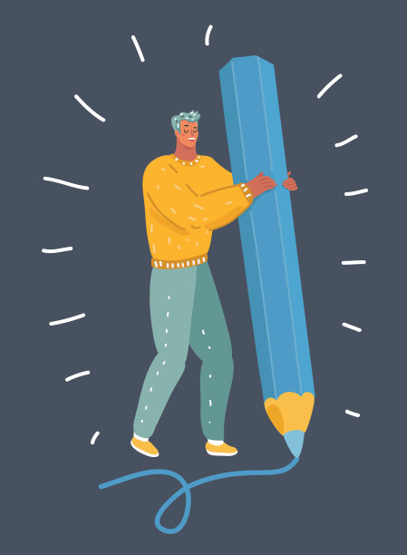 深色背景上拿着大铅笔的男人。图片下载