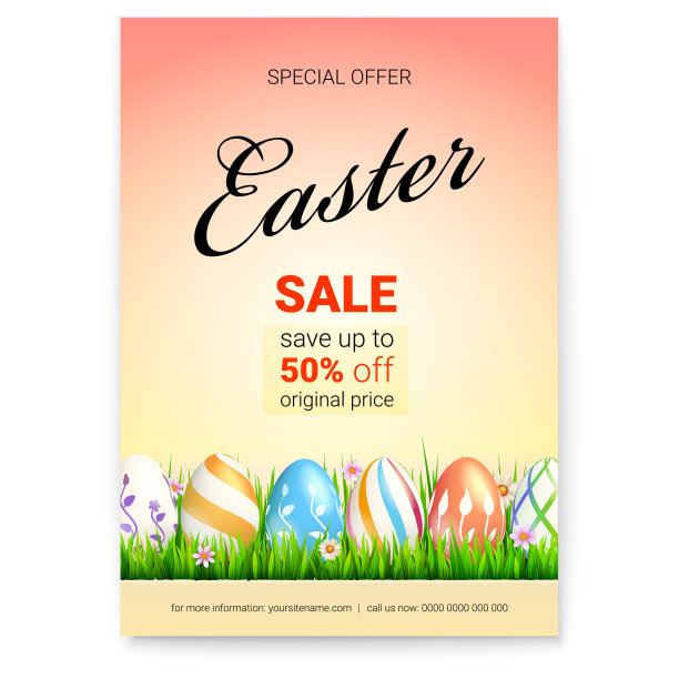 复活节销售。节省高达50%的原价。装饰节日蛋在绿色的草。季节性减价、打折、特别及限量优惠活动海报图片下载