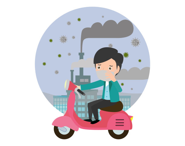 骑着摩托车的男人。戴口罩防雾霾的男人。细尘、空气污染、工业雾霾防护概念平面风格设计矢量插图。图片下载