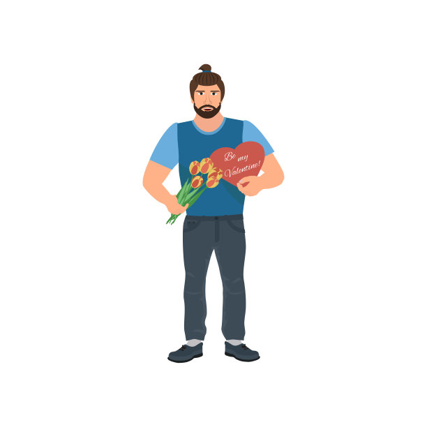英俊的微笑男人拿着一束花和一颗心。图片下载