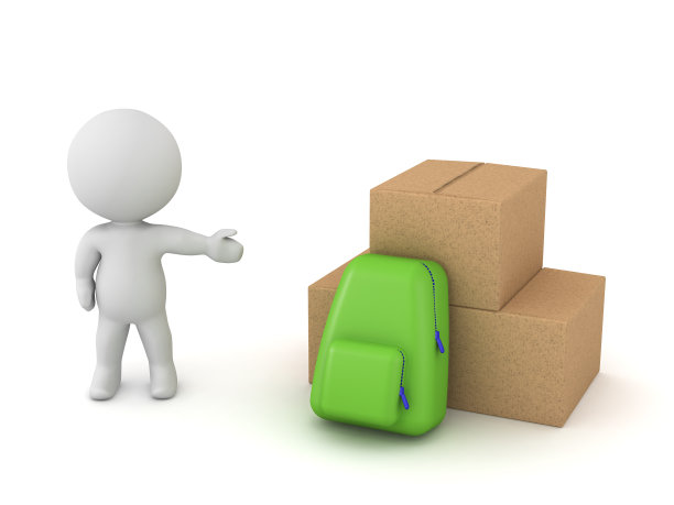 3D角色与纸板箱和背包图片下载