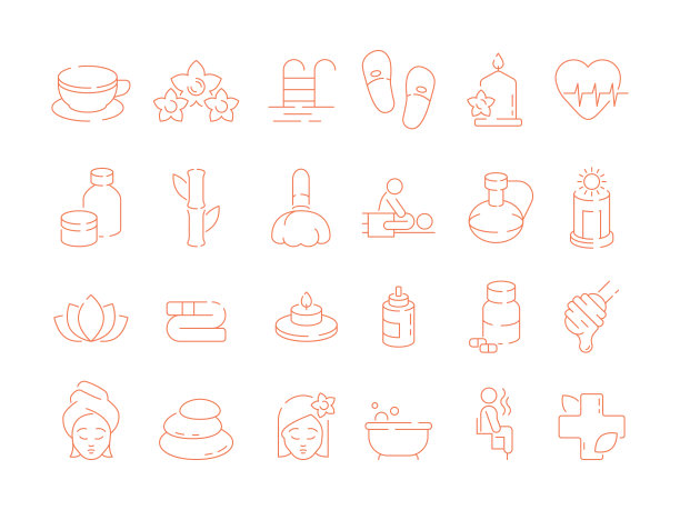 Spa薄图标。女性美容治疗阿育吠陀日光浴桑拿放松热石头和气味矢量符号图片下载