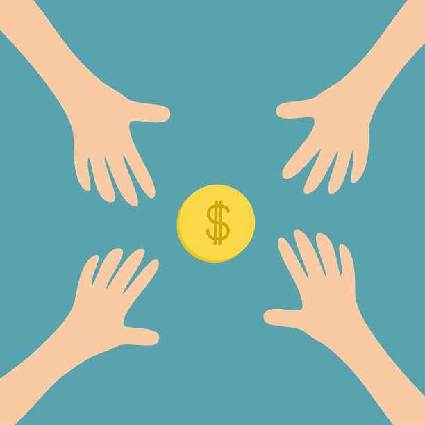 四手手臂伸向现金金币钱美元符号符号。的手。关闭身体部分。的名片。平面设计。财富的概念。蓝色背景。孤立。图片下载