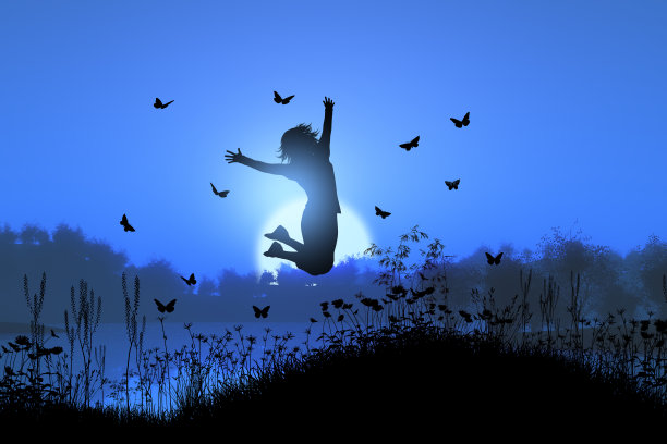 3D女性在夕阳景观与蝴蝶跳跃图片下载