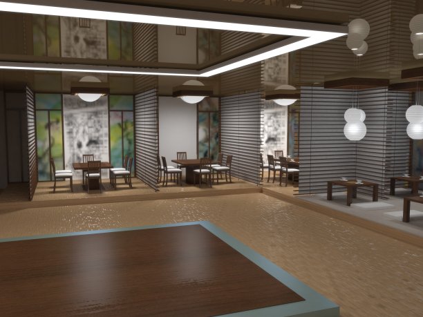 中餐厅，寿司吧，室内可视化，3D插画图片下载