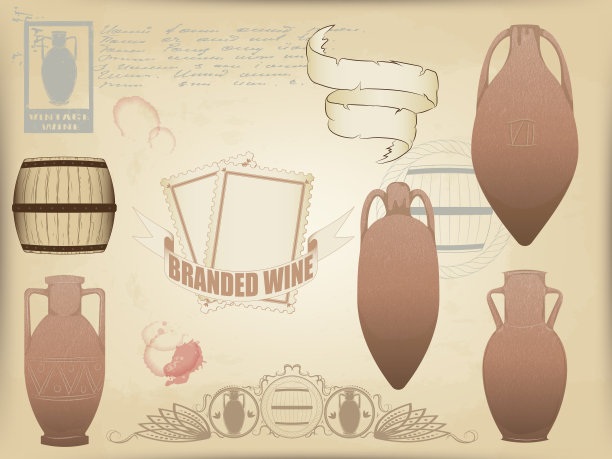 矢量元素集的设计主题上的酿酒。粘土罐和橡木木桶。老式的丝带和邮票。背景纸陈旧发黄。红色斑点和复古图案。图片下载