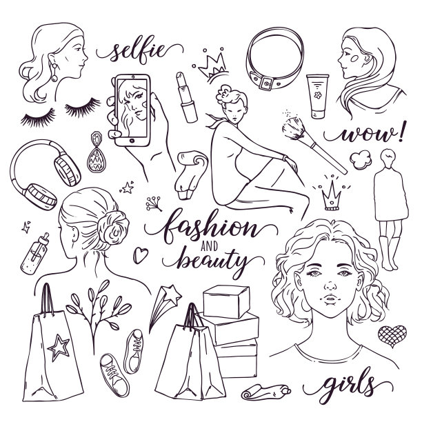 女性、时尚、美女涂鸦风格插画。手绘矢量剪贴画孤立的白色背景。图片下载