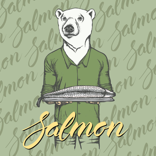 矢量白熊与新鲜的鱼插图。向量食品的概念图片下载