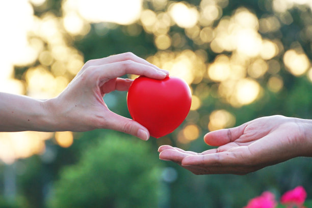 朋友的手给红心，以散科夕阳的背景鼓励失败者图片下载