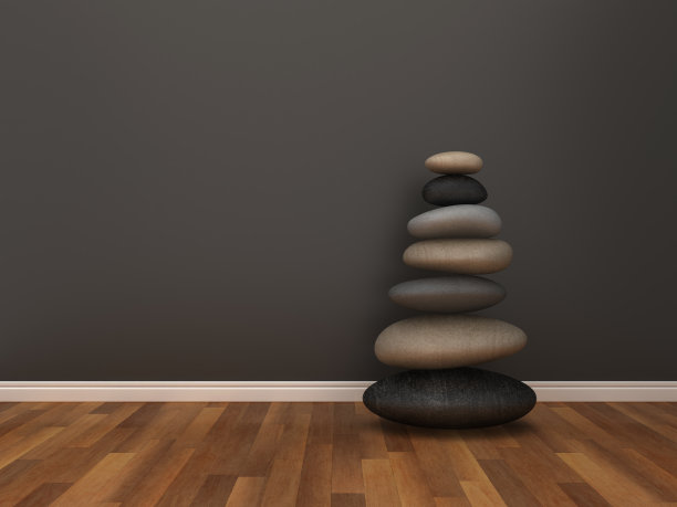 石头平衡在木地板- 3D渲染图片下载