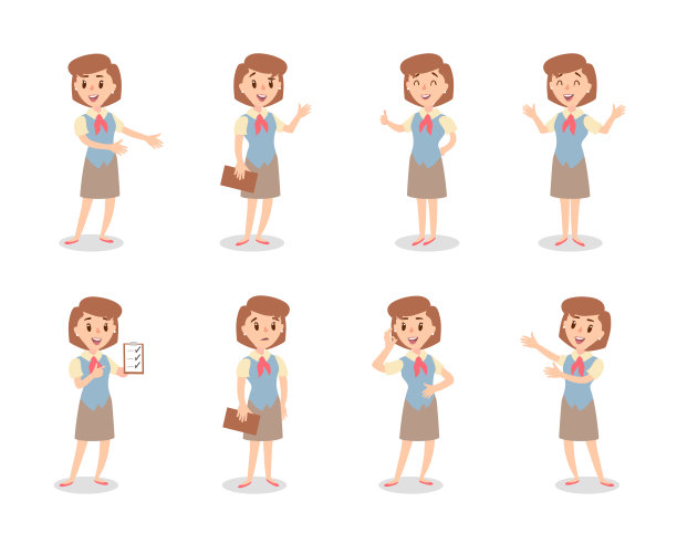 商人字符集。动画角色。女性人物的构造函数。不同的销售员姿势。向量组人士。图片下载