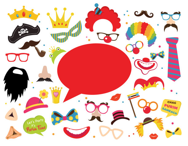 为犹太节日普珥节设计面具和传统道具。矢量插图-矢量-希伯来普林节快乐的问候图片下载