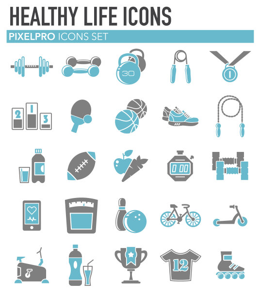 健康生活灰蓝色图标设置在白色背景的图形和网页设计，现代简单的矢量标志。网络的概念。时髦的符号为网站设计网页按钮或移动应用程序。图片下载