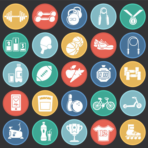 健康生活图标设置在彩色圆圈黑色背景图形和网页设计，现代简单的矢量符号。网络的概念。时髦的符号为网站设计网页按钮或移动应用程序。图片下载