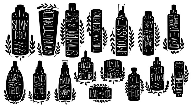 美容护发集手绘。形状化妆品护发素，苔藓，干洗发水，文字，叶，香脂，精油，精华液，面膜，凝胶，乳液，香波油。手工制作图片下载