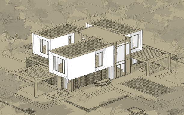 现代舒适的花园住宅三维效果图白点黑线草图和手工背景手绘随从图片下载
