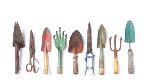 古董花园工具收集孤立的白色图片下载