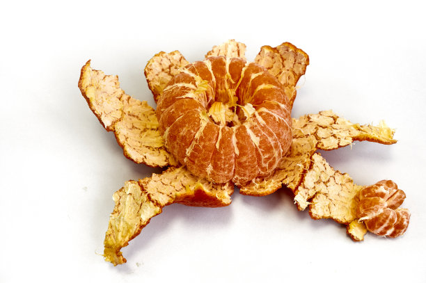 桔子片。网纹柑橘球状，两极稍扁平，在白色背景上不完全从橘皮剥落。图片下载