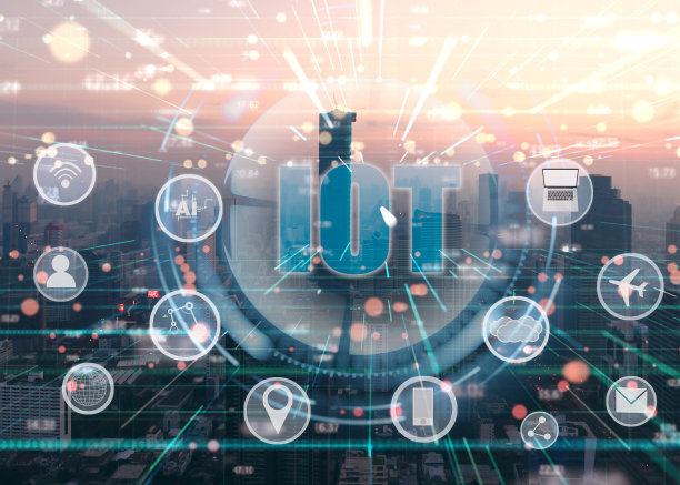 双重曝光的城市景观和物联网技术，未来的计算机数字抽象背景图片下载