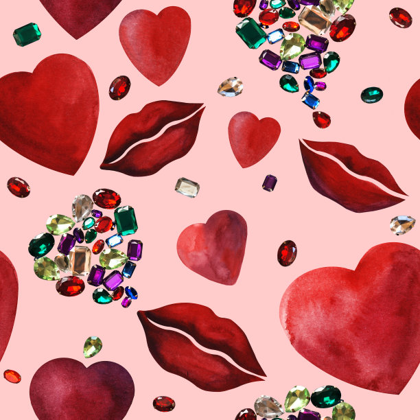 水彩红色的心和嘴唇和闪亮的宝石闪闪发光的珠宝闪闪发光的宝石背景图片下载