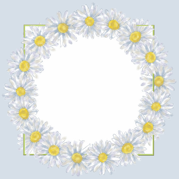 方形框架模板与雏菊花环。图片下载