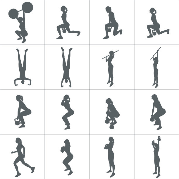 健身概念：人们进行健身和锻炼的矢量剪影图片下载