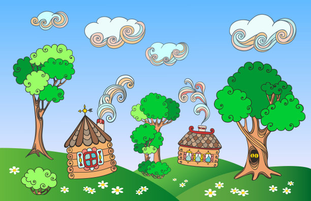 有房子的乡村童话风景。图片下载