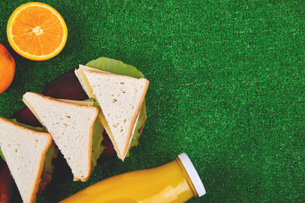 在草地上野餐。健康食物，三明治和水果，橙汁。图片下载