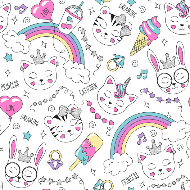 白色背景上有可爱的动物图案。彩色时尚无缝图案。时装插画，现代风格的服装。为孩子们画衣服，t恤，织物或包装。老虎,猫,兔子。图片下载