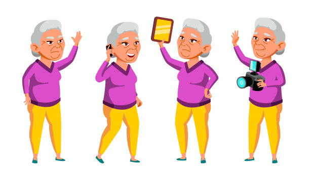 亚洲老妇人姿态集向量。老年人。高级的人。岁的。有趣的老人。休闲。明信片、公告、封面设计。孤立的卡通插图图片下载