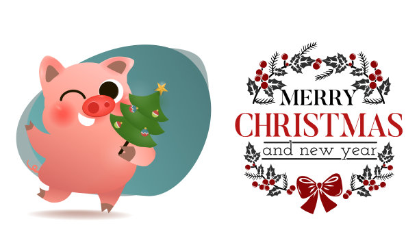 滑稽的微笑猪装饰圣诞树海报卡片上的文字标志设计图片下载