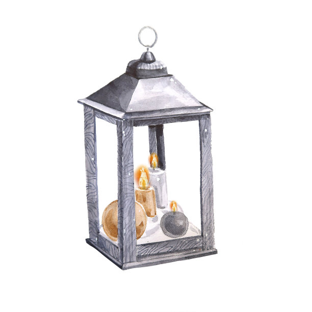 水彩画装饰性的灯笼。陈旧生锈的灯装饰在白色的背景上孤立。图片下载