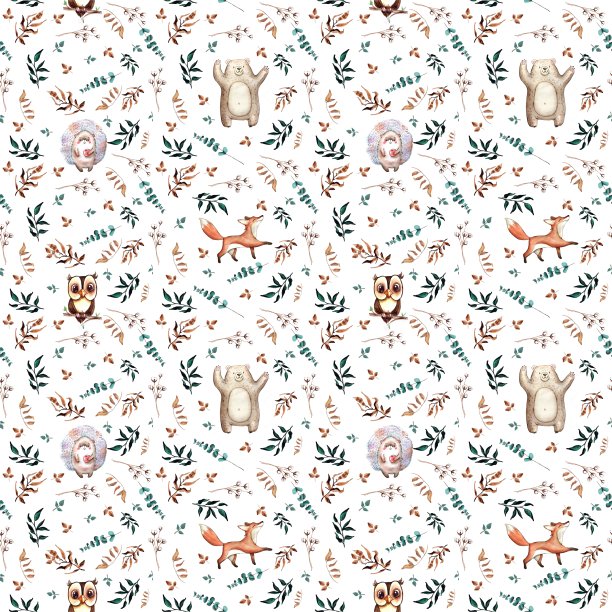 水彩可爱手绘无缝图案。森林野生动物。快乐的熊，狐狸，刺猬，猫头鹰。素材图片