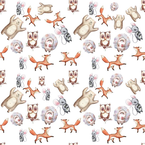 水彩可爱手绘无缝图案。森林野生动物。快乐的熊，狐狸，刺猬，猫头鹰和老鼠。素材图片