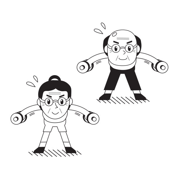 卡通高年级男女在做哑铃俯身侧举练习图片下载